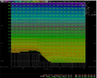 Fig. 9. Vertical cross section of temperature (shaded) and  wind at 06 UTC 20 April 2004.