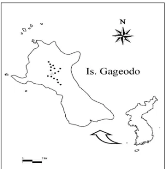 Figure 1. Sampling station in Gageodo. 2001)에 의하면, 연평균기온은 13.8℃, 연평균강 수량은 1125.1mm로 나타났으며, 연중운무일수 가 많아 평균습도가 73%이상으로 조사되었다