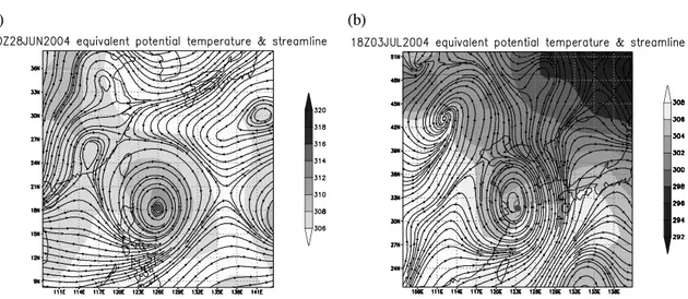 Fig.  2.  Equivalent  potential  temperature  (shaded,  2-K  interval)  and  streamline  at  the  850  hPa  level  (a)  at  00  UTC  28  June  and  (b)  at  18  UTC  03  July  2004