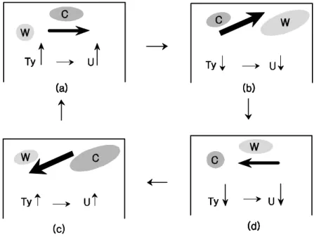 Fig.  5.  Schematic diagrams for the dynamicsof the variability. ‘W' is for a warm anomaly, and ‘C' for a cold one