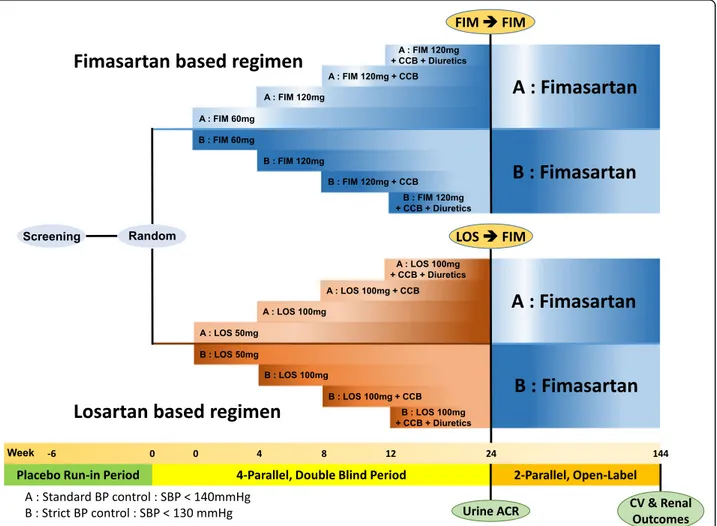 Fig. 1 Flow chart of FANTASTIC study. The FANTASTIC study consists of two phases: four-parallel double-blind period to investigate the reno-protective effect of fimasartan and two-parallel open-label period for prognosis in accordance with target BP