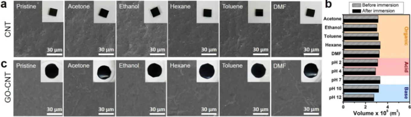 Figure 2.  Stability of CNT supports and GO-CNT membranes in various types of solvents