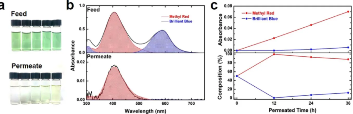 Figure 4.  Separation of a multicomponent solution with GO-CNT membranes. (a) Pictures of the feed and 