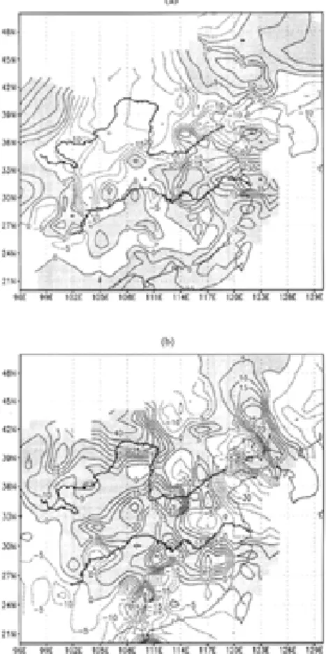 Figure 7. Composite distributions of the summer (June-August) rainfall anomalies (percentage) for the summers with the developing stage (a) and the summers with the decaying stage (b) of El Nin ˜o events, occurred in the period from 1951 to 2000, r e s p e