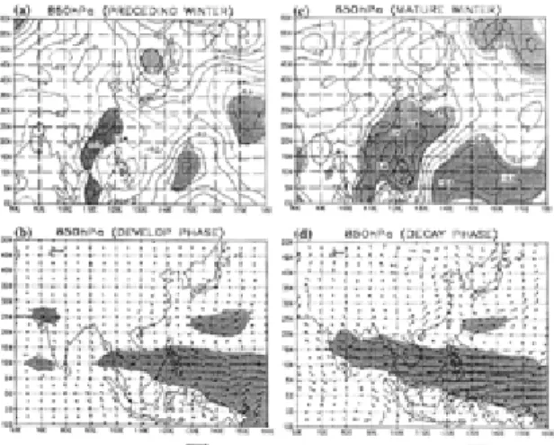 Figure 8. The composite distributions of wind field anomaly at 850hPa for different phases of El Nin ˜o events occurred in the period from 1958 to 1998.