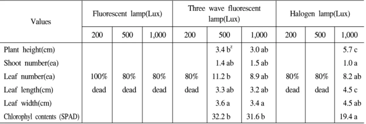 Table 2. Effects of artificial light sources and light intensities on the growth of Saxifraga stolonifera after 5 month.