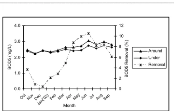 Figure 2. Monthly average TSS concentrations around and under the floating island from October, 2002 to September, 2003
