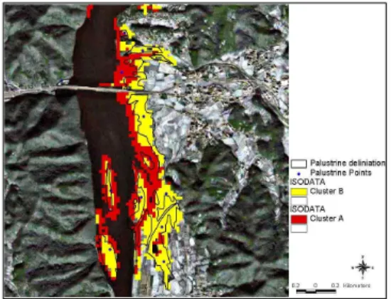 Figure 4. Cluster A and B were overlayed with palustrine points and boundaries acquired from the field survey.