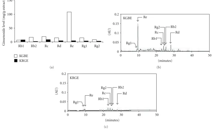 Figure 1: Major ginsenoside components and HPLC chromatograms of KGBE and KRGE. (a) Seven major ginsenosides were analyzed in KGBE and KRGE through HPLC analysis