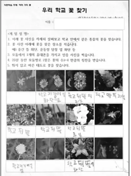 Figure 3. Worksheet for ‘Experiencing’ step 한다. ‘살펴보기’는 자신의 친구가 된 자연의 대상을 자세히 관찰하는 단 계이다