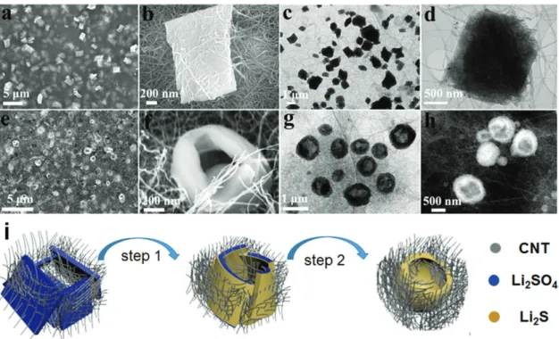 Figure 2.  Structural characterization of Li 2 SO 4 /CNT and Li 2 S/CNT electrodes: a,b) SEM images and c,d) TEM images of the as-prepared Li 2 SO 4 /CNT 