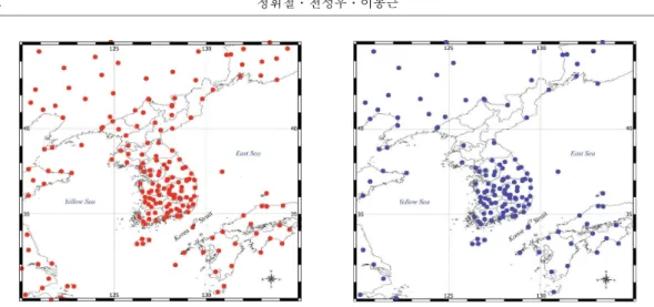 Figure 3. Climate station (Left：temperature 227 stations , Right：precipitation 119stations)