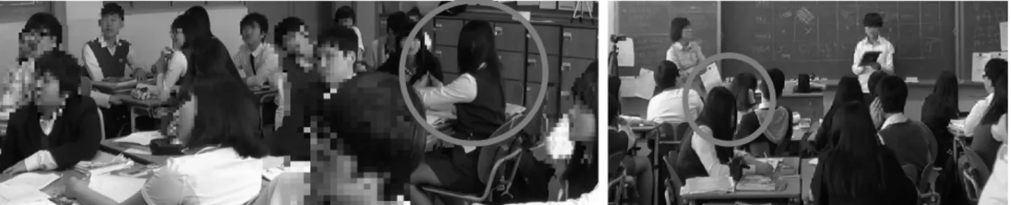 Figure 10. Offprint from the video that shows that Yuna’s gaze is on her paper instead of at the front of the room where  her peer is sharing his explanation for the phenomenon they have witnessed in demonstration WCI activity