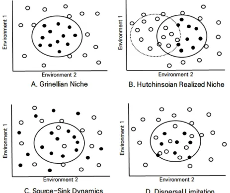 Figure 1. The  distribution  patterns  of  two  species(◯,  ●),  which  are  a  function  of  two  environmental  conditions  (Environment  1,  Environment2),  constructed  based  on  the  ecological  niche  theory  of  Grinnell(A),  Hutchinson(B),  Source