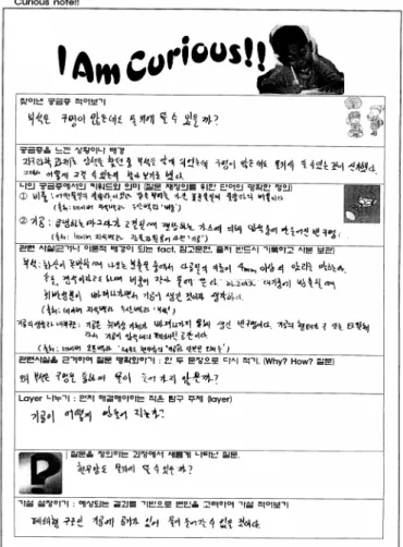 Figure 3. Sample of written problem making worksheet제외하였다.문제를 많이 발견할수록 문제발견 능력이 높다(Ryu, 2008)는 사전연구를 통해 융통성을 문제 찾기 검사의 양적 분석 요소로 선정하였다