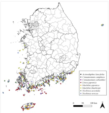 Figure  1. The  locations  of  Lauraceae  evergreen  broad-  leaved  trees