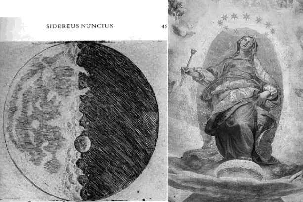 Figure 1. Illustration of the Moon (Galilei &amp; Helden, 2000) and the immaculate conception by Cigoli(Princeton University, 1996)