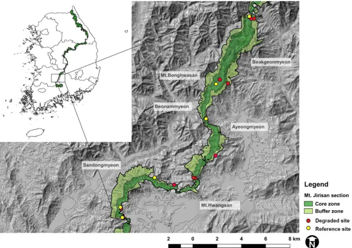 Figure  1.  A  map  showing  the  study  area  of  degraded  and  reference  sites  that  vegetation  survey  was  carried  out.