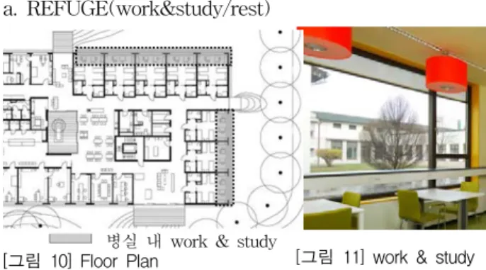 [그림  11]  work  &amp;  studyb.  FLOW(mobility/visual  sequence)              병원  내에서의  신체적  이동성은  중앙에  위치한  복도에서 지원하고  있다