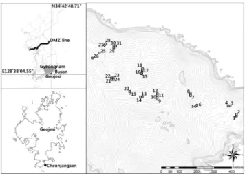 Figure  1. The  location  map  of  study  site  at  Cheonjangsan(Mt.),  GeoJae.