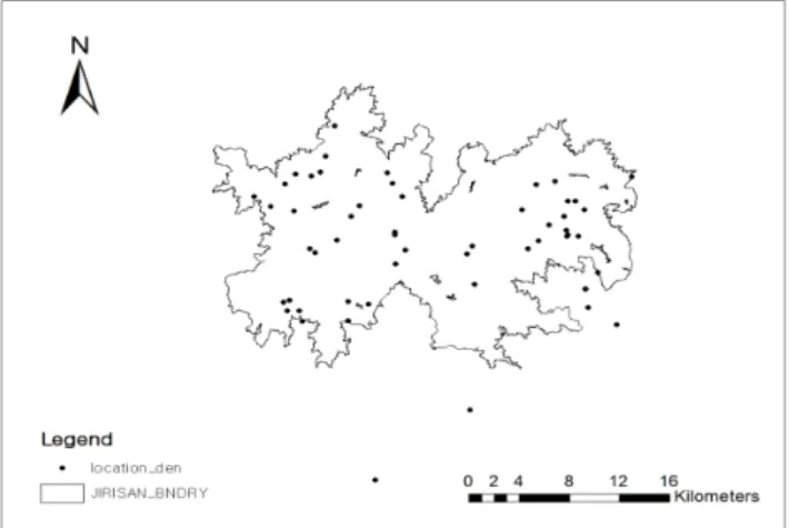 Figure  1. The  study  area  around  the  Jiri  Mt.  with  locations  of  Asiatic  Black  Bear's  den.
