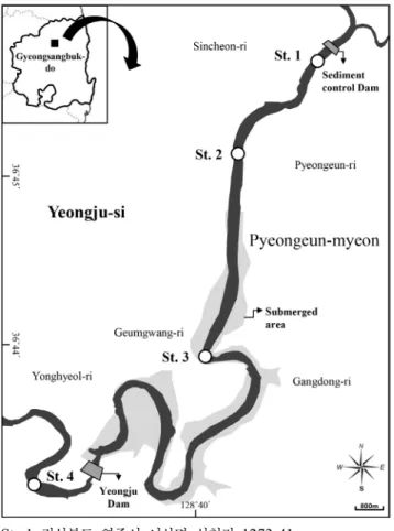 Figure  1. Map  showing  the  study  sites  in  Yeongju  dam  region.