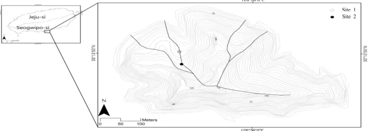 Figure 1. Key map and study site(circles). Lines mean the survey routes.