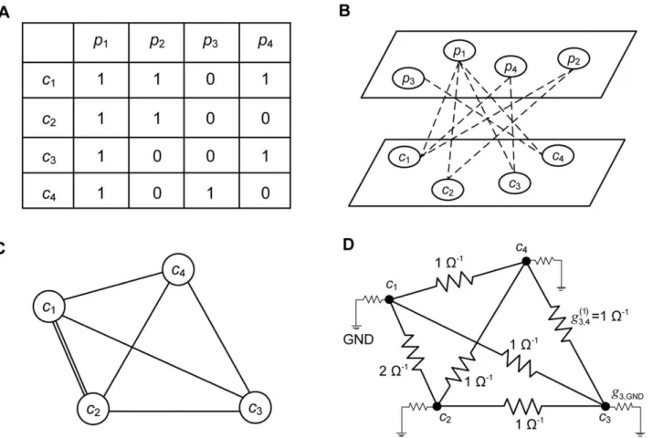 Figure 2. Circuit representation procedure. A: user–item binary matrix; B: consumer–product bipartite graph [9]; C: projected consumer graph [9]; and D: electric circuit representation of the projected consumer graph.