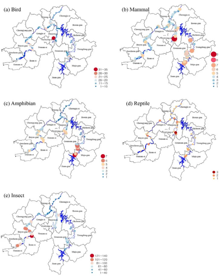 Figure 3. Distribution map of animals in 92 waterside parks located at Guem River basin