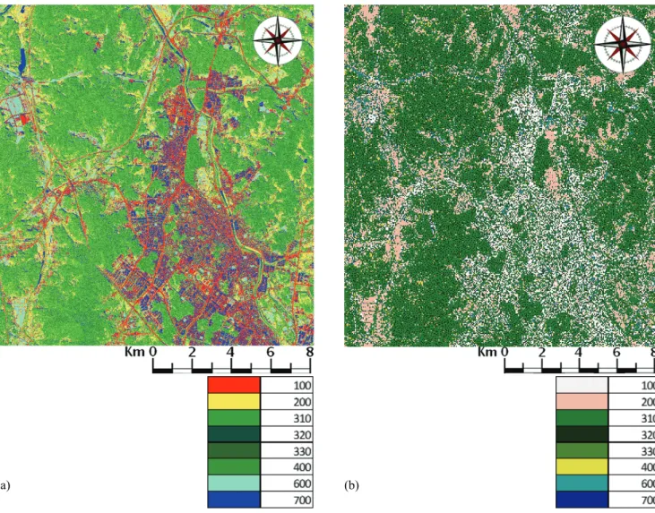 Figure 6. Results from classification of forest and other land covers by (a) SVM algorithm and (b) RF algorithm: 100 - urban or built-up areas; 200 - agricultural areas; 310 - broad-leaved forests; 320 - coniferous forests; 330  - mixed forests; 400 - gras