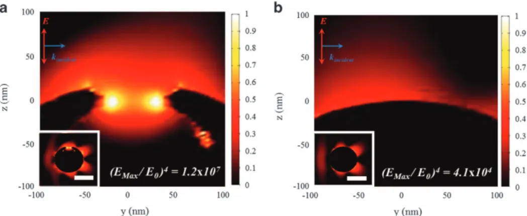 Figure 4 Three-dimensional FDTD calculation of the colloidal gold nanoparticle with open eccentric cavity and simply spherical (no cavity) gold nanoparticle at the 785 nm excitation