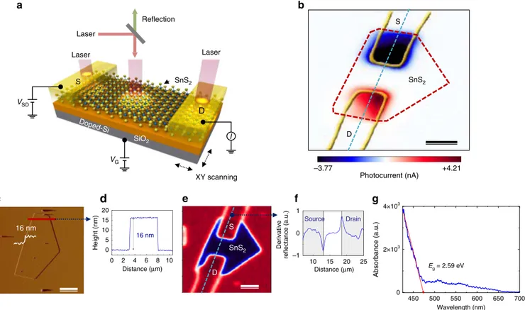 Figure 3c shows photocurrent proﬁle (0 V source/drain bias) of a 16-nm-thick SnS 2 (2D layered structure) crystal illuminated