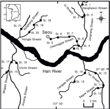 Figure 1. Map showing the studied stations of in the  stream flowing into the Han River in Seoul 2