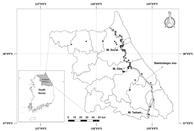 Fig  2.  Spatial  distribution  of  the  relict  forest  trees(black  dot)  in  Gangwon  Province,  Korea