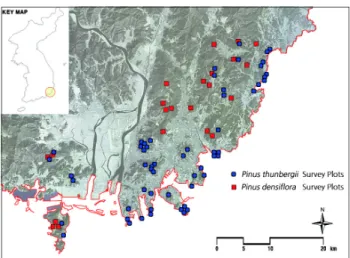 Fig 1. The location of study sites in Southeast zone of Korean Peninsula 2. 생육 밀도 분석 곰솔림과 소나무림의 흉고직경급별 생육 밀도 특성 조사 를 위해 우선 산림청 임상도와 항공사진을 바탕으로 소나무 림과 곰솔림을 추출한 후 이들 식생이 상대적으로 안정적인  분포를 이루는 지역으로 현장조사를 위한 조사대상지를 개 략적으로 설정하였으며 ,  현장에서 움직이면서 우점수목의  규격을 고려하여 규격이