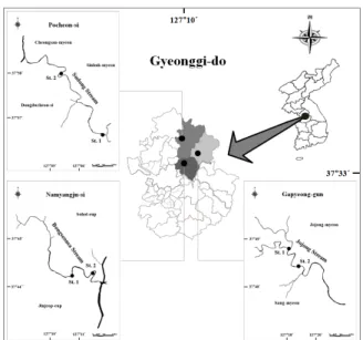 Figure 1. The  map  of  study  sites  in  the  stream  in the  Bongseonsa  Stream,  Jojong  Stream  and  Sudong  Stream.