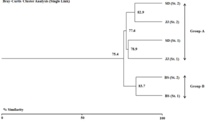 Figure 2. Cluster  analysis  based  on  fish  communities assemblages  collected  at  2  sites  in  the  Bongseonsa Stream,  Jojong  Stream  and  Sudong  Stream.