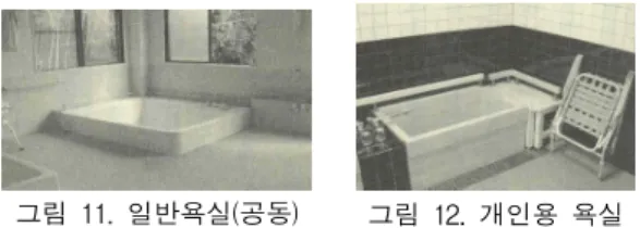 그림  11.  일반욕실(공동)       그림  12.  개인용  욕실 목욕회수에  대해서는  기본적으로  정한바가  없다.  언제 든지  본인의  희망에  따라  할  수  있도록  하고  있다