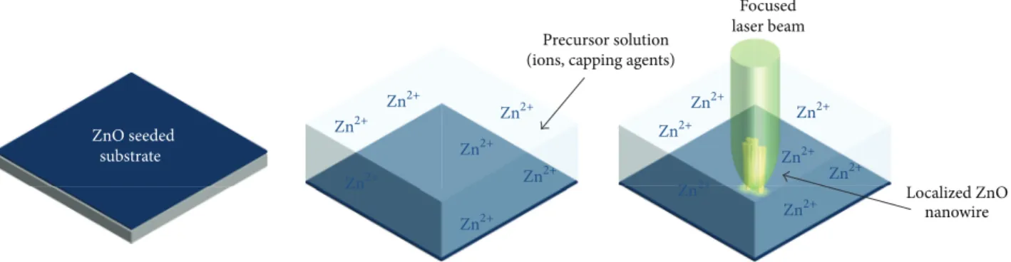 Figure 1: Schematic illustration of laser-induced hydrothermal growth process. The target substrate is seeded with ZnO NP, and immersed in the precursor solution