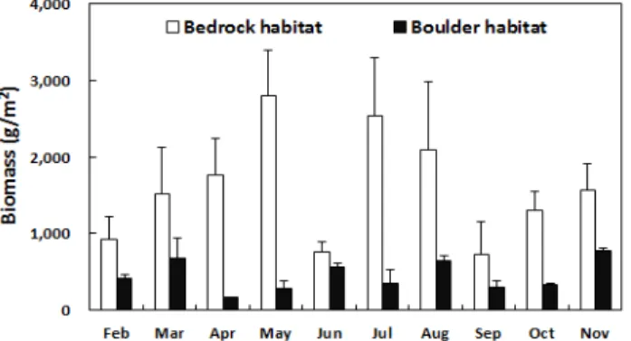 Figure  4.  Average  seaweed  biomass  (g  wet  wt./㎡)  of  functional(F)-formgroups  at  two  different  habitats  of  Sinheung,  Jeju  Island