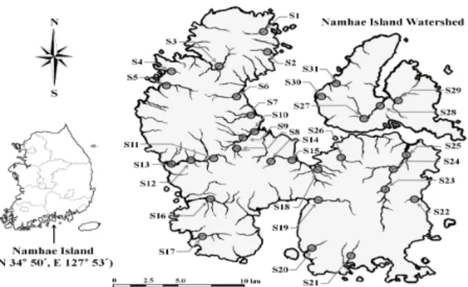 Figure  1.  Locations  of  thirty  one  sampling  sites  in  Namhae  Island