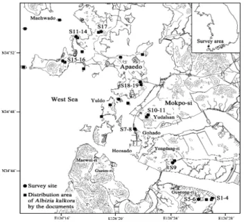 Figure  1.  The  location  of  survey  sites  and  the  distribution  area  of  Albizzia  kalkora  by  the  documentsand deciduous oak trees, and the average age of the major kinds of trees is about 13 to 30 years