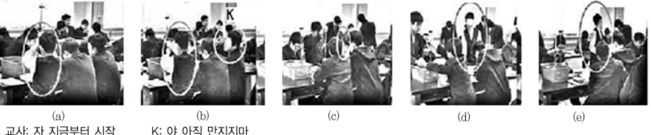 Table 7 용수철을 이용한 힘의 크기 측정에서 나타나는 활동의 공유 수준: 소외Fig. 1  ‘용수철 이용한 힘의 크기 측정 활동 장면 장면 행동 활동의 목적 참여도 학생C 모둠 원 학생C 모둠 원 학생C 공유수준 (a) 스탠드를 빼냄 이야기함 실험개시 활동 논의활동 적극적 참여 소외(b)스탠드를 넣음C학생제지(c)동료활동관찰용수철에 추 연결소극적 참여 (d) 자리에서 일어남 스탠드에 용수철 연결 활동이탈 실험활동 비참여 (e) 자리에서 벗어남 ‘소외