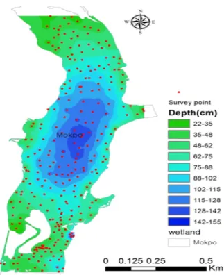 Figure  3.  Water  depth  map  of  Mok-po  using  IDW  interpolation  to  depict  extent  and  distribution of  water  depth