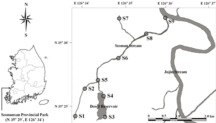 Figure  1.  A  map  of  study  sites  in  Seonun  Mountain  Provincial  Park,  Korea성 대형무척추동물과 어류의 미세분포 및 군집구조를 밝혀 생태계의 변화 양상 및 종 다양성 보전을 위한 기초 자료를 제공하고자  수행하였다.연구방법1