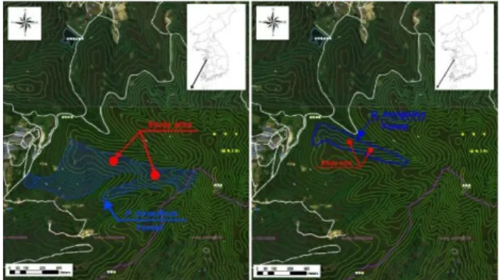 Figure  1.  A  map  showing  the  study  area.  The  circle (●)  indicate  the  location  of  the  Quercus  mongolica  and  Pinus  densiflora  forest  in  the  study  area