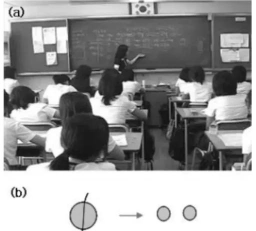Fig. 3 (a) The student-teacher D was talking about ‘nature  of molecule’ drawing the large circle divided into  the two small ones