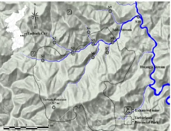 Figure  1.  Map  showing  sampling  sites  of  Sodo  stream  watershed in  Taebaeksan  provincial  park