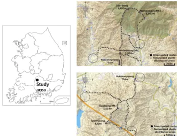 Figure  1.  The  survey  routes  of  Halmibong  and  Gusibong최고기온 17℃,  최고극값 33.8℃,  평균 최저기온 5.1℃,  최저극값 –23.3℃,  강수량 1,574.2㎜,  상대습도 74%,  평균풍속  1.9㎧이다(Jangsu-gun,  2014).2