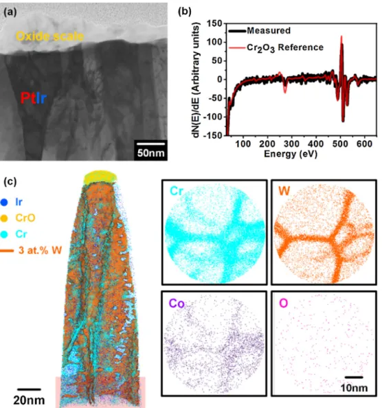 Fig. 12. Representative characterisation results obtained from the near surface region of the PtIr/Cr/WC specimen after 168 h exposure at 630 ◦ C under 1.12 × 10 −23 bar O 2